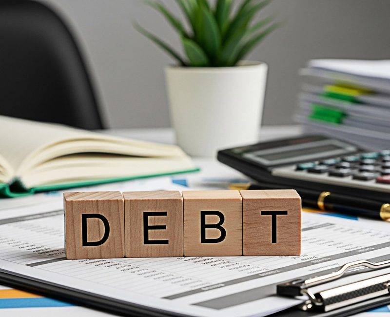 vecteezy wooden blocks spelling debt on financial reports in a bright